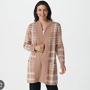New Isaac Mizrahi Live! Pattern Jacquard Cozy Cardigan Cappuccino Plaid XSmall